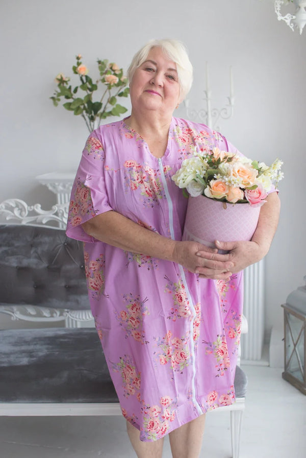 Zip in Front Housecoats for Elderly People - Faded Flowers Pattern