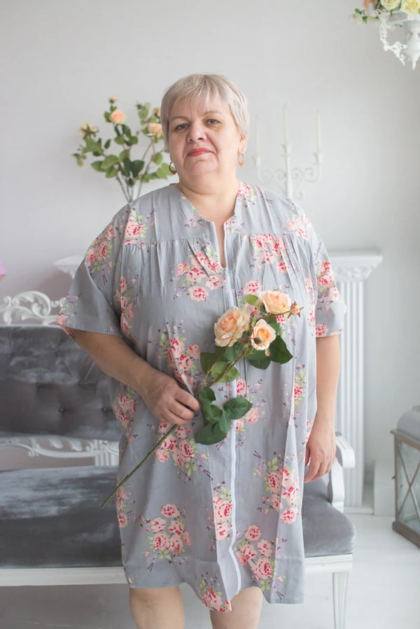 Zip in Front Housecoats for Elderly People - Faded Flowers Pattern