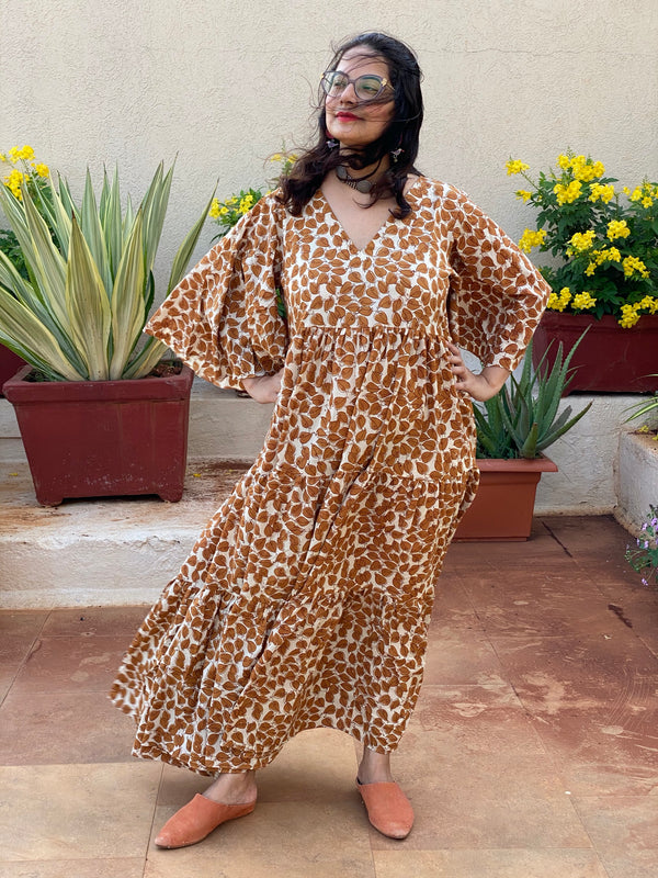 Ivory Mustard Leafy Motif Hand-Block Tiered Dress