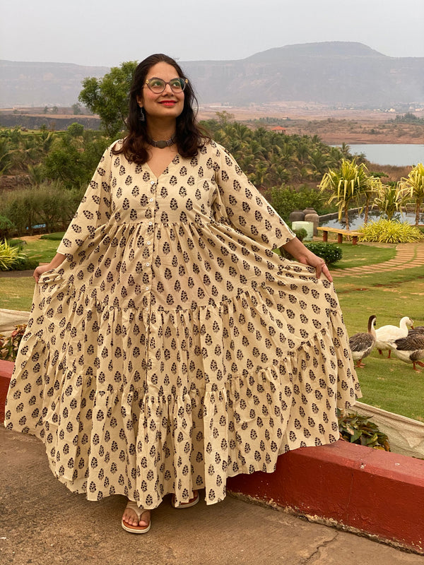 Ivory Black Paisley Motif Hand-Block Printed Front Buttoned Tiered Dress