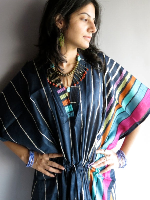 Dark Blue Stripes V-Neck, Knee Length, Cinched Waist Caftan