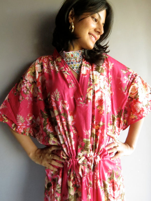 Magenta Rosy Red Posy V-Neck, Ankle Length, Cinched Waist Caftan