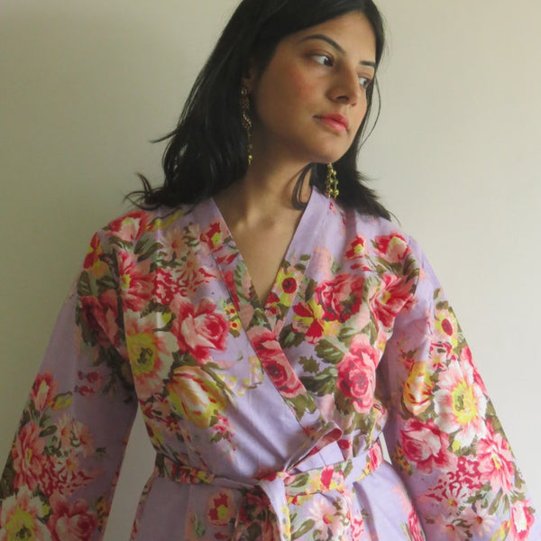 Lilac Floral Knee Length, Kimono Crossover Belted Robe