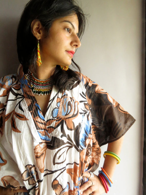 Ivory Peach Brown Floral V-Neck, Ankle Length, Cinched Waist Caftan-V2 fabric Code