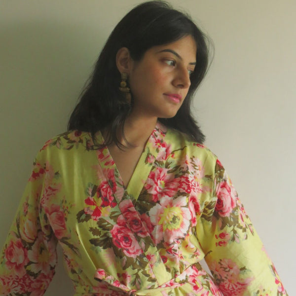 Pastel Yellow Floral Knee Length, Kimono Crossover Belted Robe