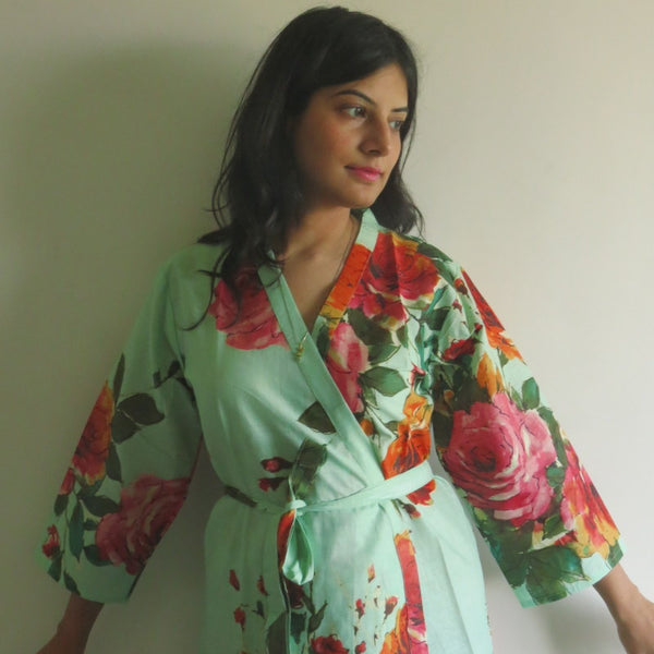 Mint Big Floral Knee Length, Kimono Crossover Belted Robe