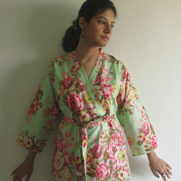 Mint Floral Knee Length, Kimono Crossover Belted Robe