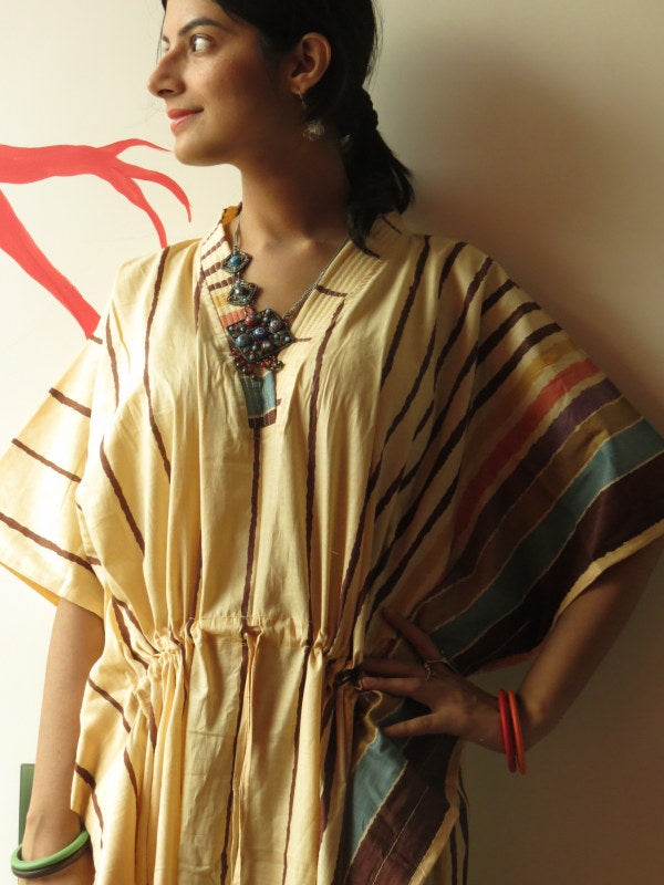 Yellow Striped V-Neck, Ankle Length, Cinched Waist Caftan