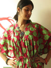 Magenta Green Spiral V-Neck, Ankle Length, Cinched Waist Caftan