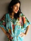 Blue Large Floral Blossom V-Neck Button Down to Waist, Ankle Length, Cinched Waist Caftan