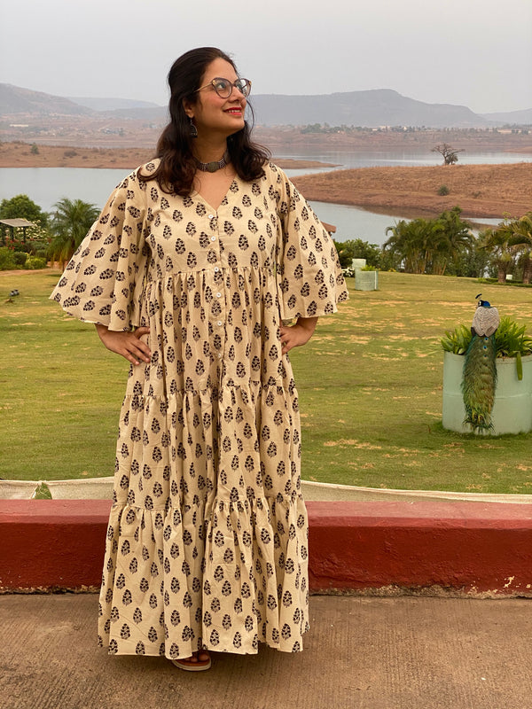 Ivory Black Paisley Motif Hand-Block Printed Front Buttoned Tiered Dress