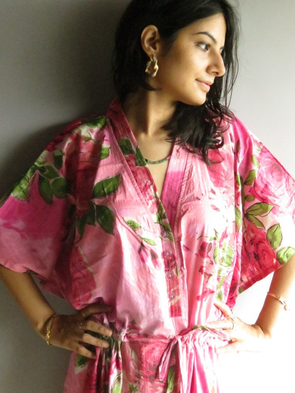 Pink Fuchsia Large Floral Blossom V-Neck Button Down to Waist, Ankle Length, Cinched Waist Caftan