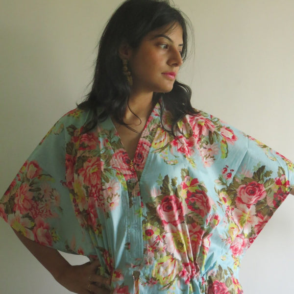 Light Blue Floral Rosy Red Posy V-Neck Button Down to Waist, Ankle Length, Cinched Waist Caftan