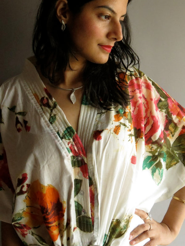 White Large Floral Blossom V-Neck Button Down to Waist, Ankle Length, Cinched Waist Caftan