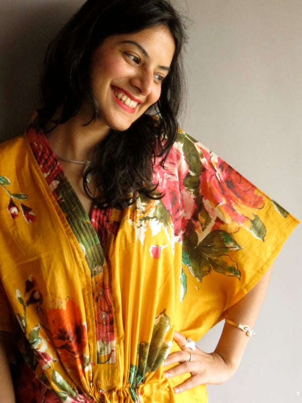 Yellow Large Floral Blossom V-Neck Button Down to Waist, Ankle Length, Cinched Waist Caftan