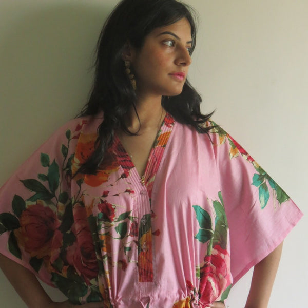 Pink Large Floral Blossom V-Neck Button Down to Waist, Ankle Length, Cinched Waist Caftan