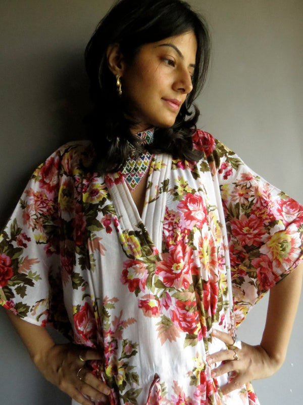 White Floral Rosy Red Posy V-Neck, Ankle Length, Cinched Waist Caftan