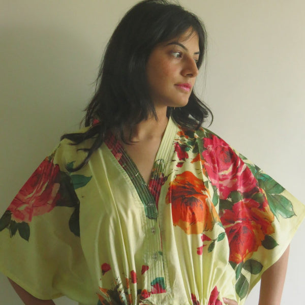 Light Yellow Large Floral Blossom V-Neck Button Down to Waist, Ankle Length, Cinched Waist Caftan