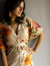 Beige Multicolor Big Flower V-Neck Full Button Down, Knee Length, Belted Caftan