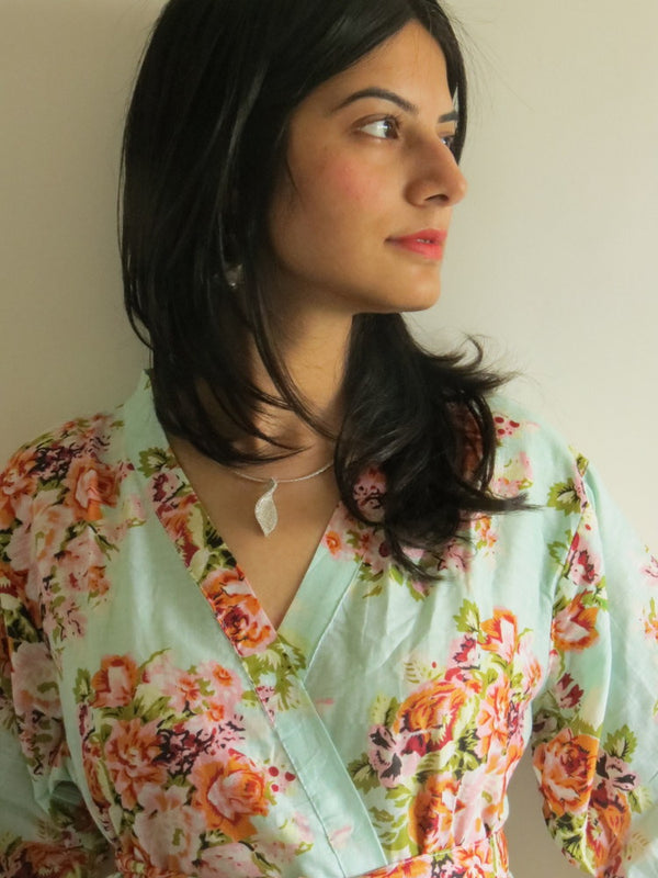 Mint Floral Knee Length, Kimono Crossover Belted Robe