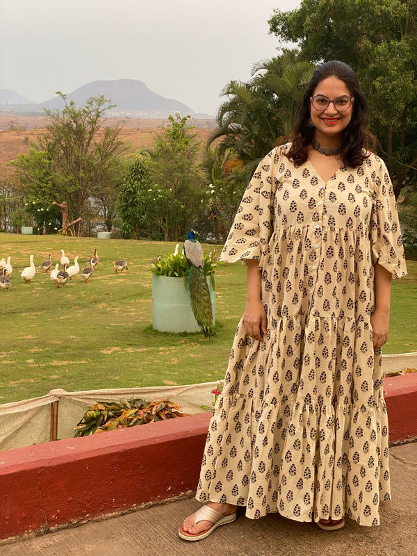 Ivory Black Paisley Motif Hand-Block Printed Front Buttoned Tiered Dress