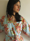 Light Blue Floral Knee Length, Kimono Crossover Belted Robe