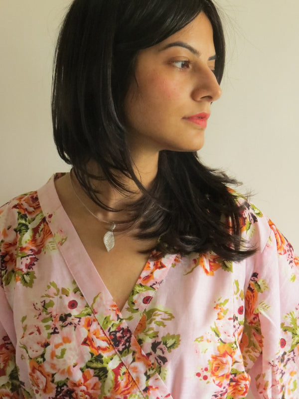 Pink Floral Knee Length, Kimono Crossover Belted Robe