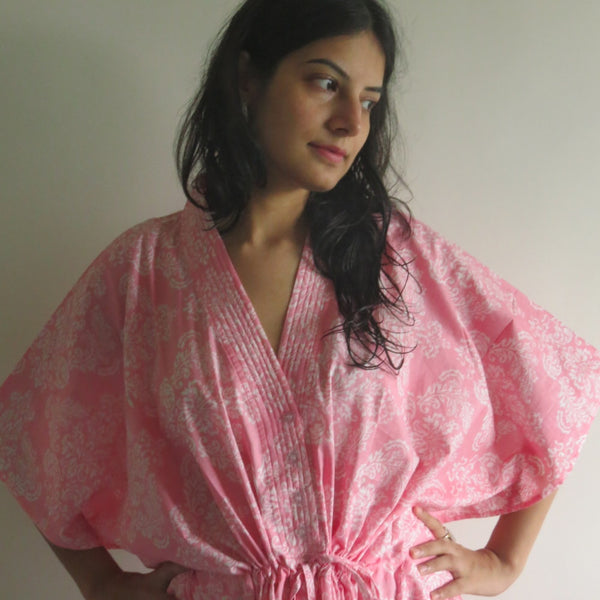 Pink Damask V-Neck Button Down to Waist, Ankle Length, Cinched Waist Caftan