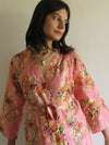 Coral Floral Knee Length, Kimono Crossover Belted Robe