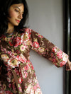 Brown Floral Ankle Length, Kimono Crossover Belted Robe-A2 fabric Code