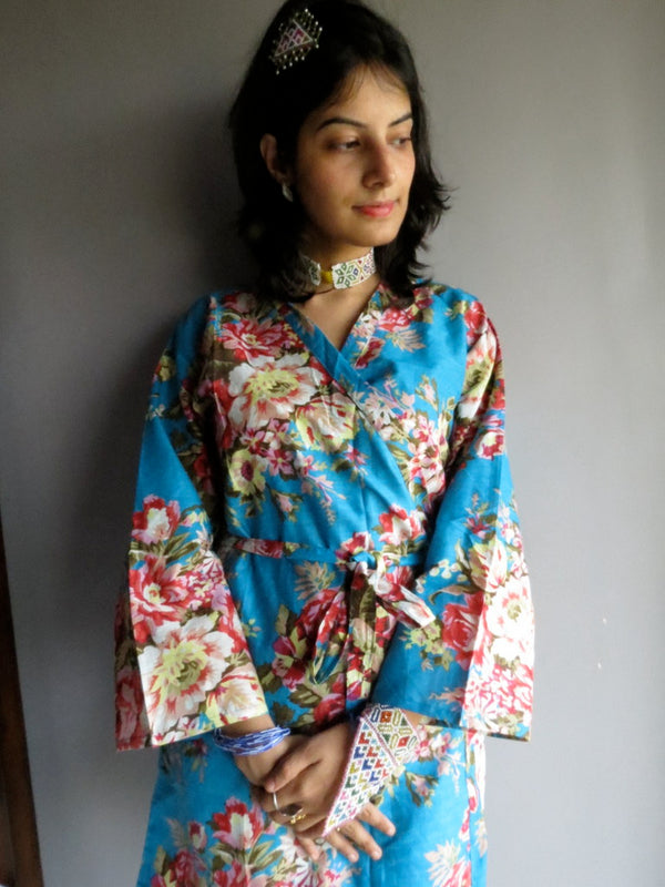 Blue Floral Knee Length, Kimono Crossover Belted Robe-A4 fabric Code