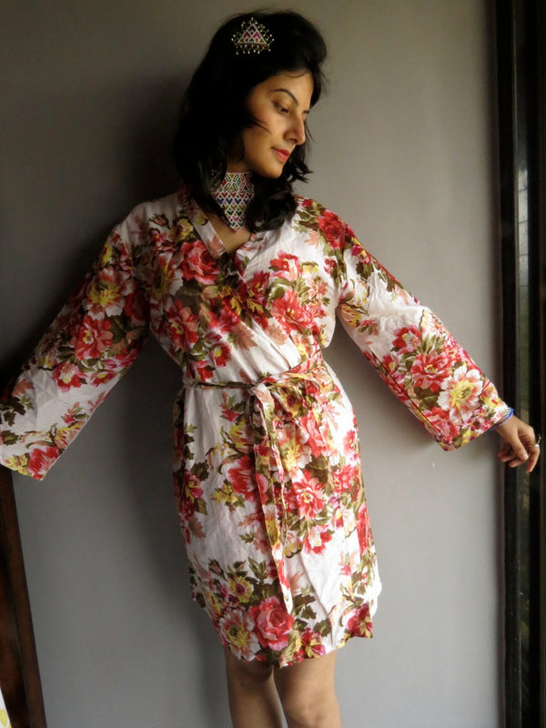 White Floral Knee Length, Kimono Crossover Belted Robe-A9 fabric Code