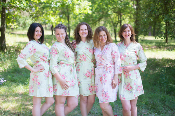 Mint Faded Flowers Pattern Bridesmaids Robes