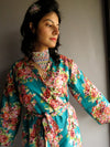 Teal Floral Knee Length, Kimono Crossover Belted Robe-C2 fabric Code