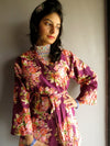 Purple Floral Knee Length, Kimono Crossover Belted Robe-C8 fabric Code