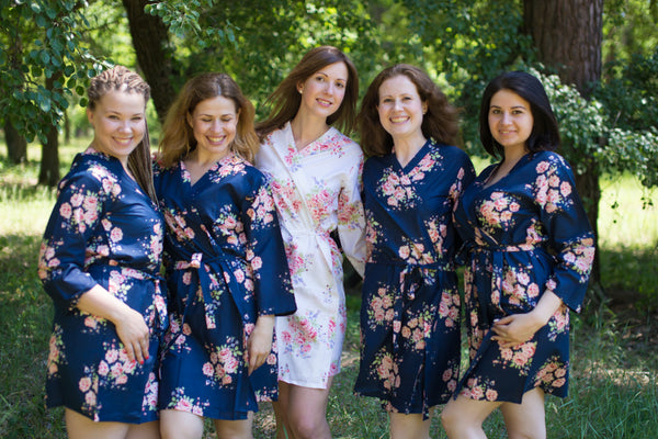 Faded Flowers Pattern Bridesmaids Robes|Navy Blue Faded Flowers Pattern Bridesmaids Robes|Faded Flowers