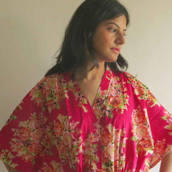 Magenta Floral Posy V-Neck Button Down to Waist, Ankle Length, Cinched Waist Caftan