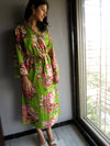 Green Floral Ankle Length, Kimono Crossover Belted Robe