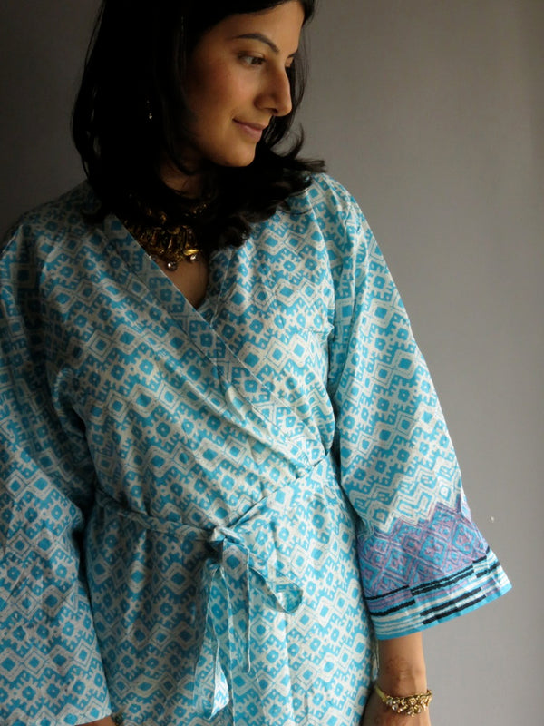 Light Blue Chevron Knee Length, Kimono Crossover Belted Robe