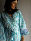 Light Blue Chevron Knee Length, Kimono Crossover Belted Robe