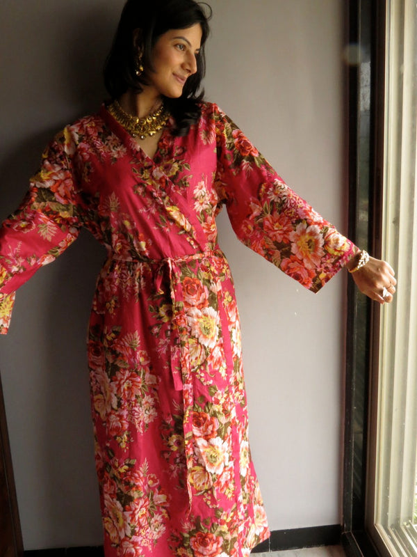 Magenta Floral Ankle Length, Kimono Crossover Belted Robe-A6 fabric Code