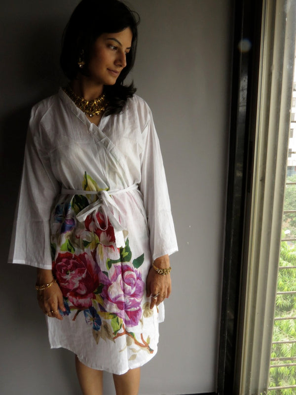 White Single Flower Knee Length, Kimono Crossover Belted Robe