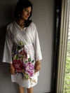 White Single Flower Knee Length, Kimono Crossover Belted Robe