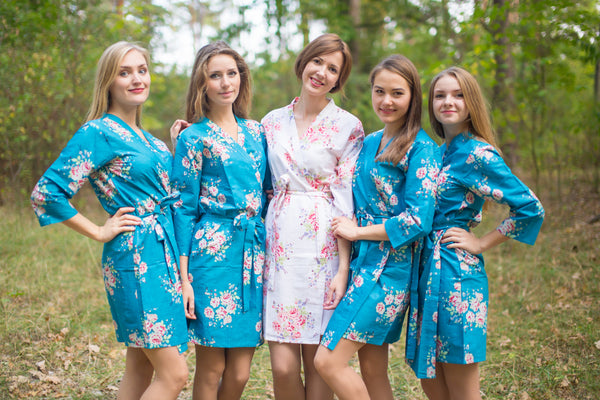 Peacock Blue Faded Flowers Pattern Bridesmaids Robes