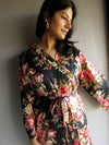 Black Floral Ankle Length, Kimono Crossover Belted Robe