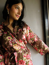 Brown Floral Ankle Length, Kimono Crossover Belted Robe-A2 fabric Code