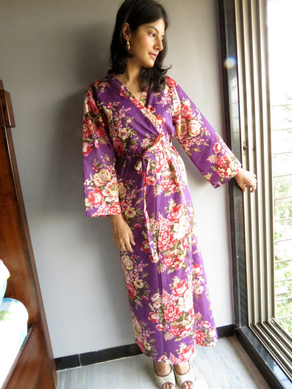 Purple Floral Ankle Length, Kimono Crossover Belted Robe-A10 fabric Code