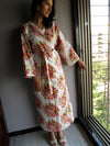 White Floral Ankle Length, Kimono Crossover Belted Robe-C7 fabric Code