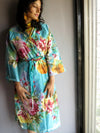 Blue Floral Knee Length, Kimono Crossover Belted Robe