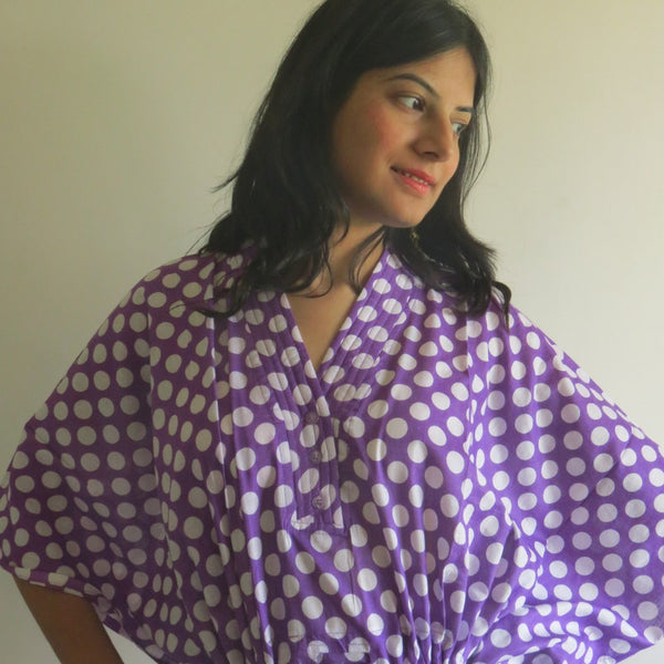 Lilac Polka Dots V-Neck Button Down to Waist, Ankle Length, Cinched Waist Caftan
